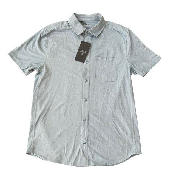 VRST Men's Refined Knit Short Sleeve Button Up Collared Shirt muted denim S NWT - Picture 2 of 6